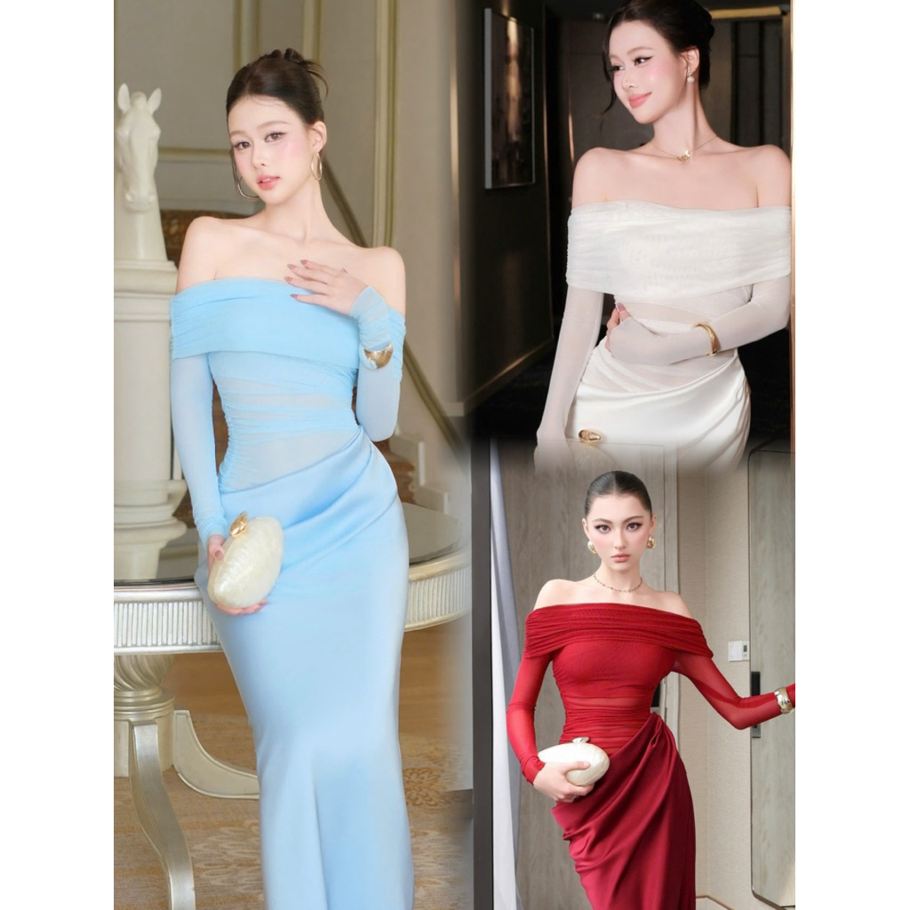 มาใหม่ ✨ COMMITMENT TO STANDARD SHAPE (ORANGE STUDIOS ) - เดรสยาว Rita - เดรสดีไซน์ปิดไหล่ยาว