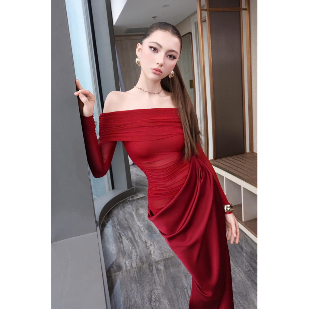 สินค้ามาใหม่ COMMITMENT TO STANDARD SHAPE (ORANGE STUDIOS ) - เดรสยาว Rita - เดรสดีไซน์ปิดไหล่ยาว