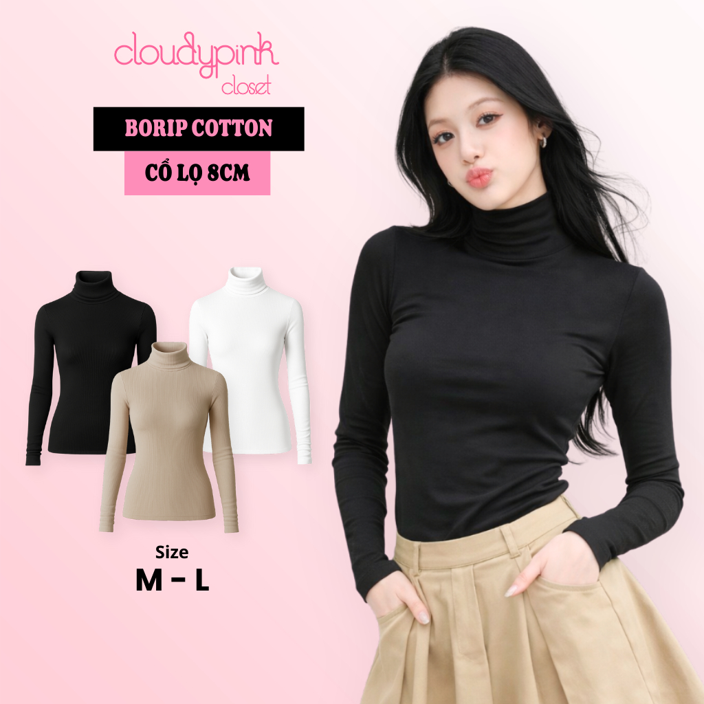 เสื้อคอเต่าแขนยาวผ้าฝ้าย borip ขนาด 8 ซม. สําหรับผู้หญิง CloudyPink นุ่มเนียน ADT15