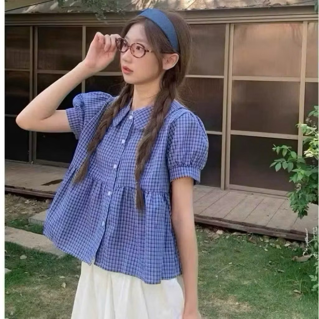 เสื้อคอปกระบายลายตารางหมากรุกสุดฮอตสไตล์น่ารัก LOVITY SMR40