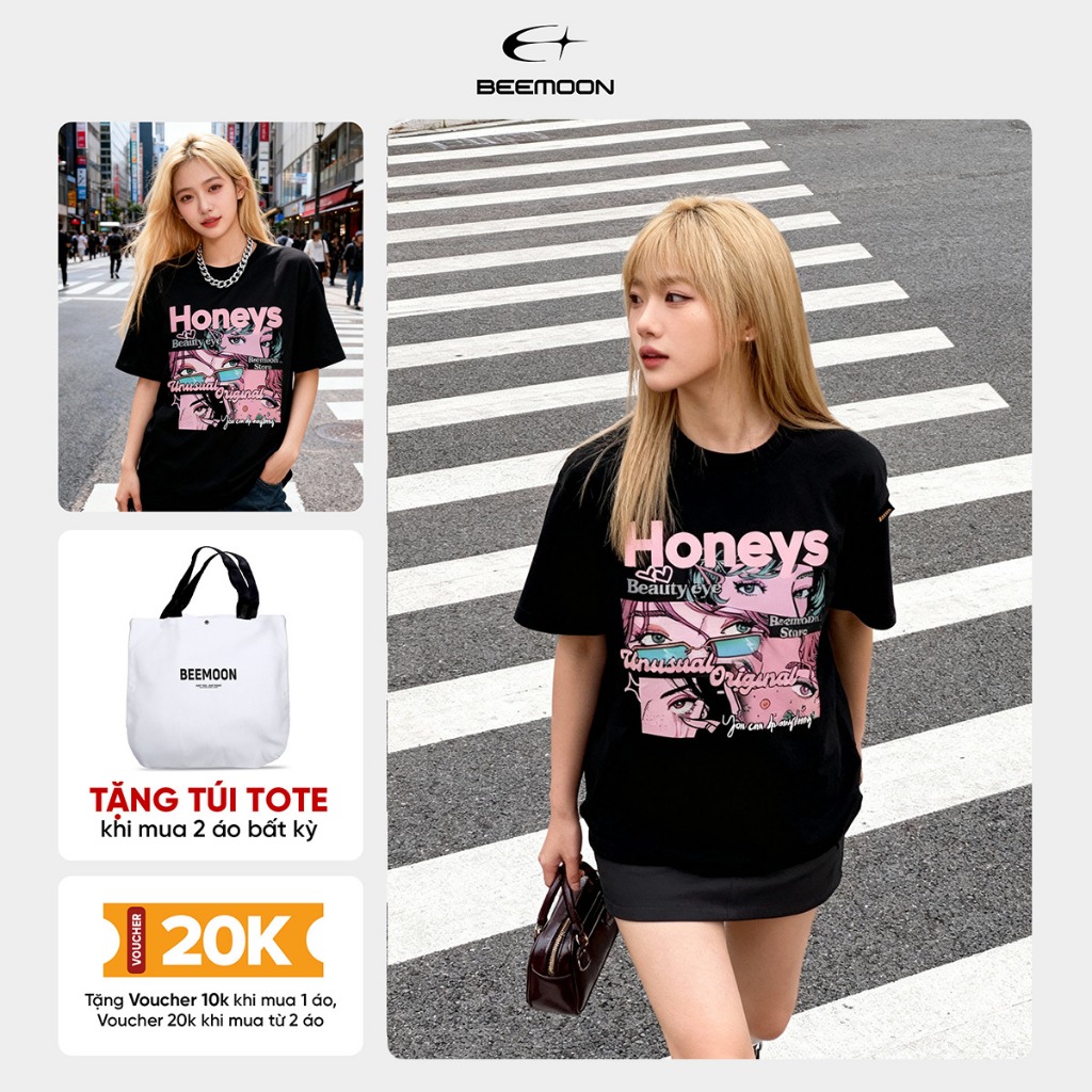 Unisex Honeys Beauty Cotton Two-Way Oversize เสื้อยืดสําหรับผู้ชายและผู้หญิงแบรนด์ท้องถิ่น Beemoon B