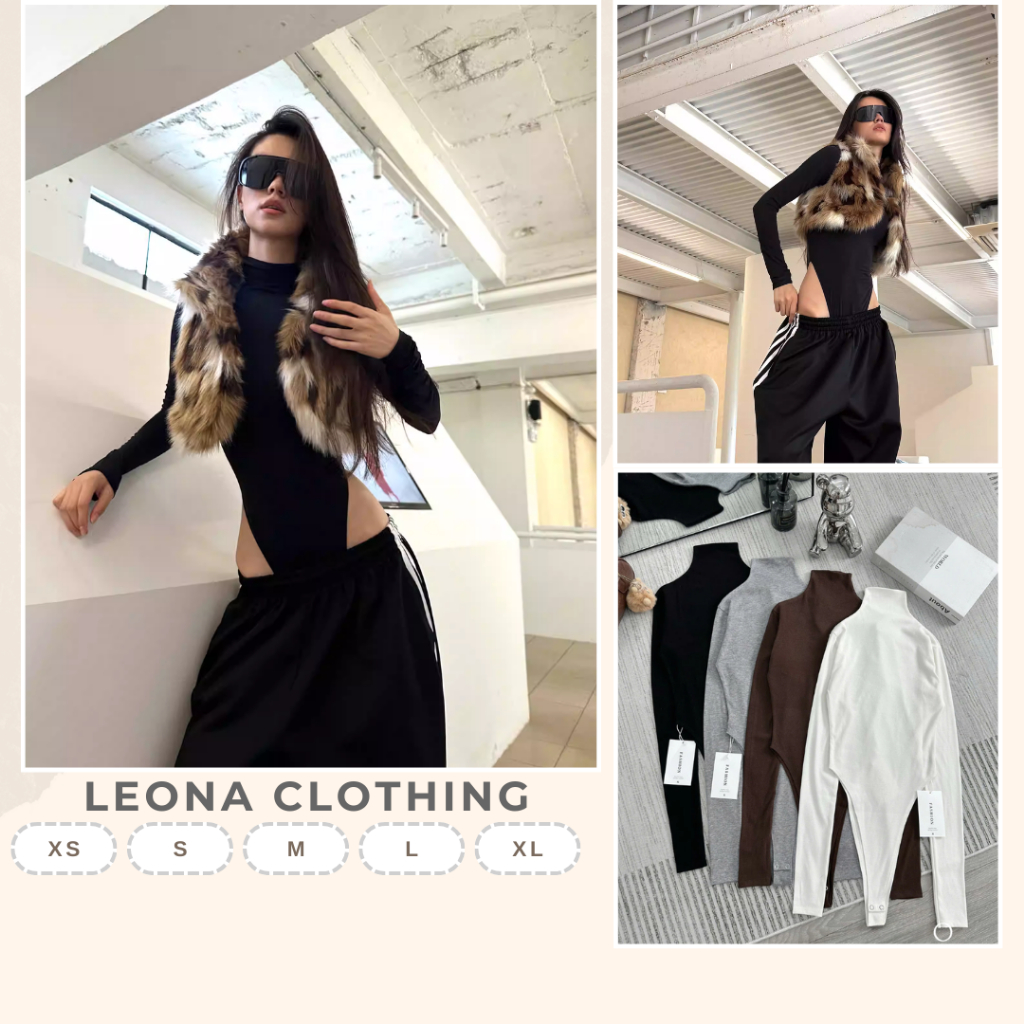 บอดี้สูทคอเต่าแขนยาว Slim Velvet Ribbed Fabric - AO00109 - เสื้อผ้า Leona