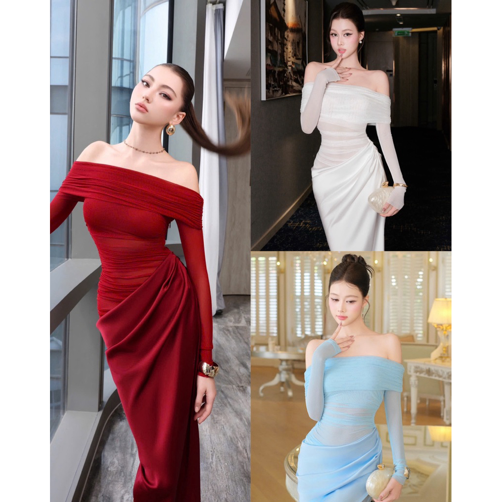 ชุดเดรสตาข่ายเปิดไหล่ผ้าไหมจีบยาวหรูหรา