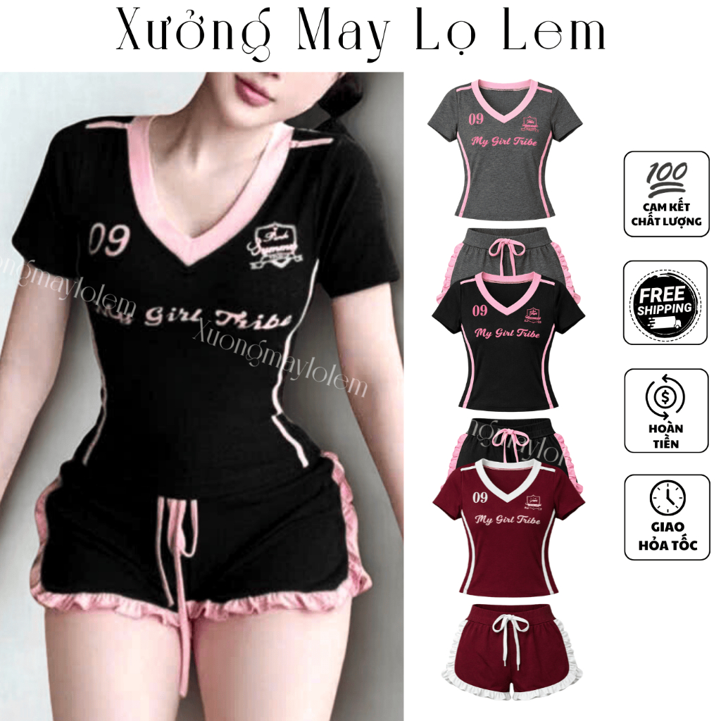 (HCMC EXPRESS) ชุดเสื้อยืดคาร์ดิแกนและกางเกงขาสั้น (ภาพจริง) K6726_XUONGMAYLOLEM