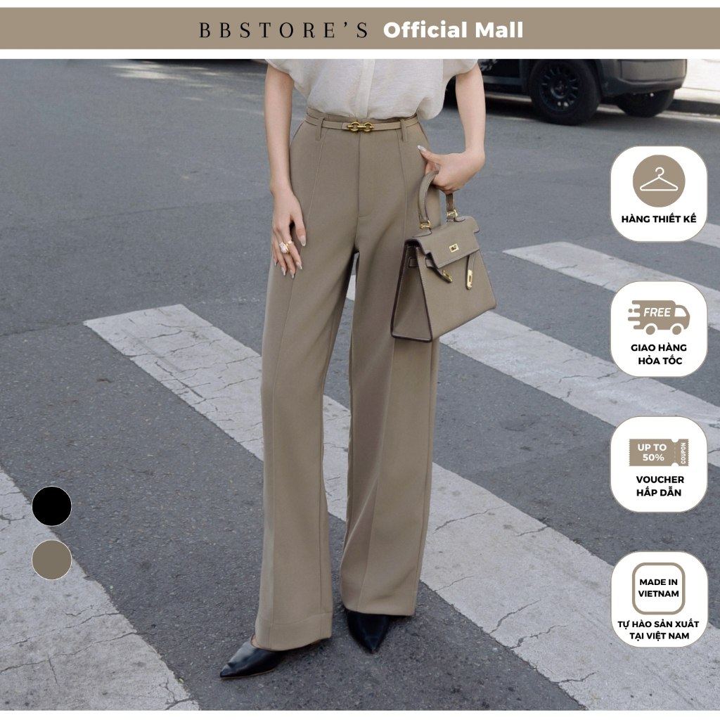 [BBSTORES] Cotton Gold Ribbed Long Office Pants เอวสูงกลางเอวจีบกางเกง - Q4588H