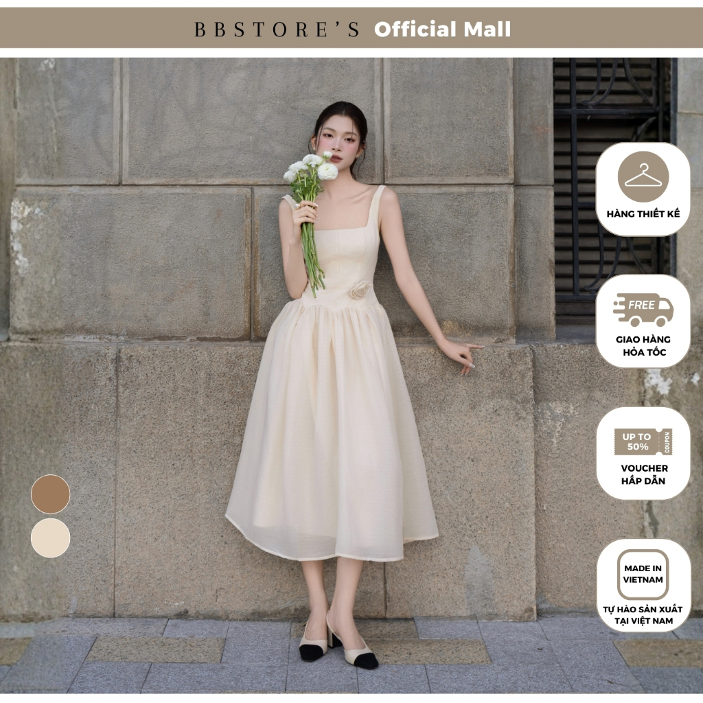 [BBSTORES] ชุดเดรสสวิงผ้าชีฟองยาว 2 สายในผ้าไหมเร้าใจพร้อมป้ายดอกไม้ - DAA41A