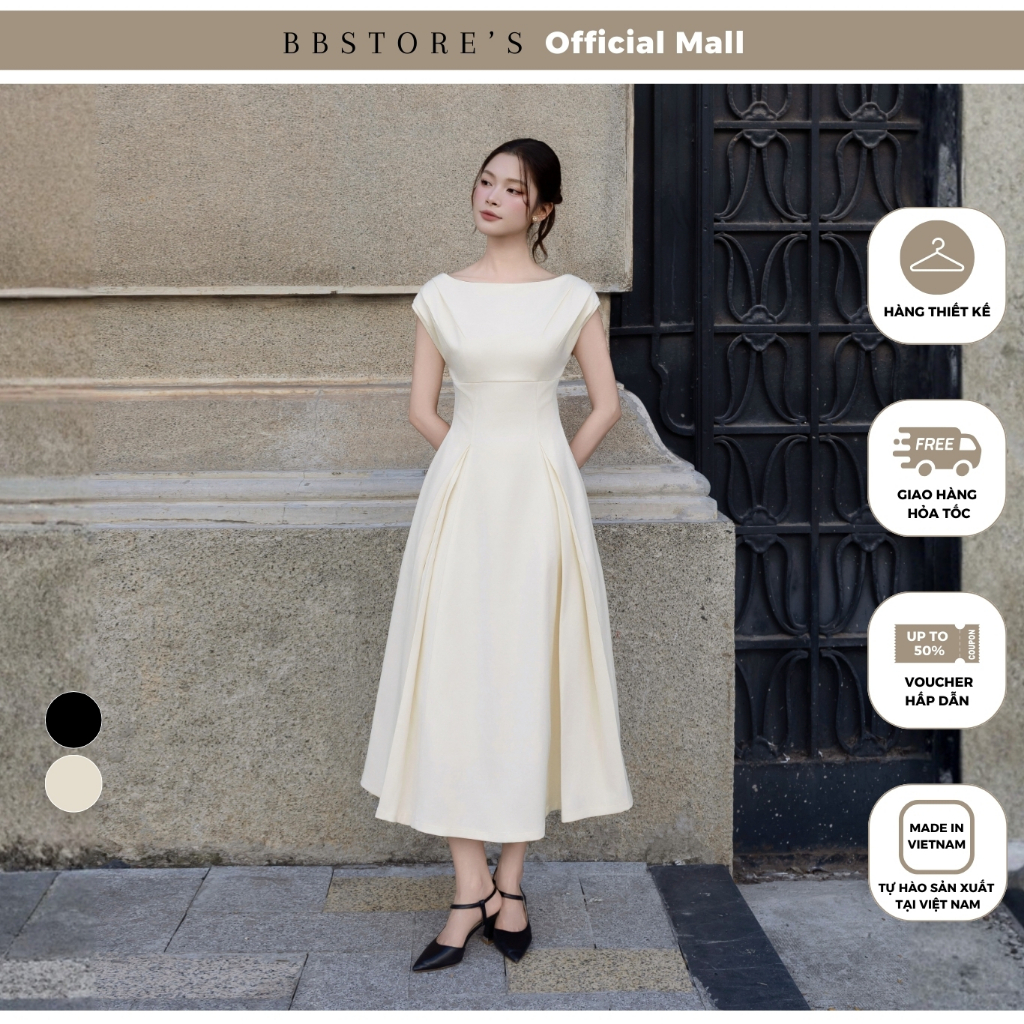 [BBSTORES] Cotton Office Swing Dress ยาวไหล่คอเรือจีบคู่ - DAA22B