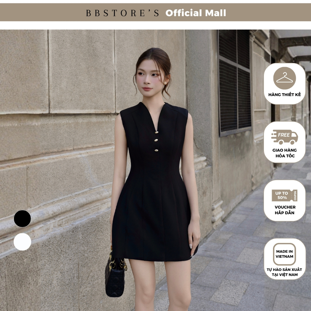 [BBSTORES] ชุดเดรสสวิงสํานักงานติดกระดุมคอวีผ้าฝ้าย - DAA23A