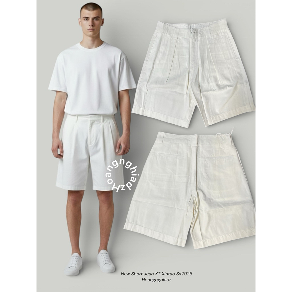 XT Xintao กางเกงขาสั้นผู้ชายสีขาวหลวมจีบคุณภาพสูง Minimalism ครีมสีขาวผู้ชาย Denim Jean กางเกงขาสั้น