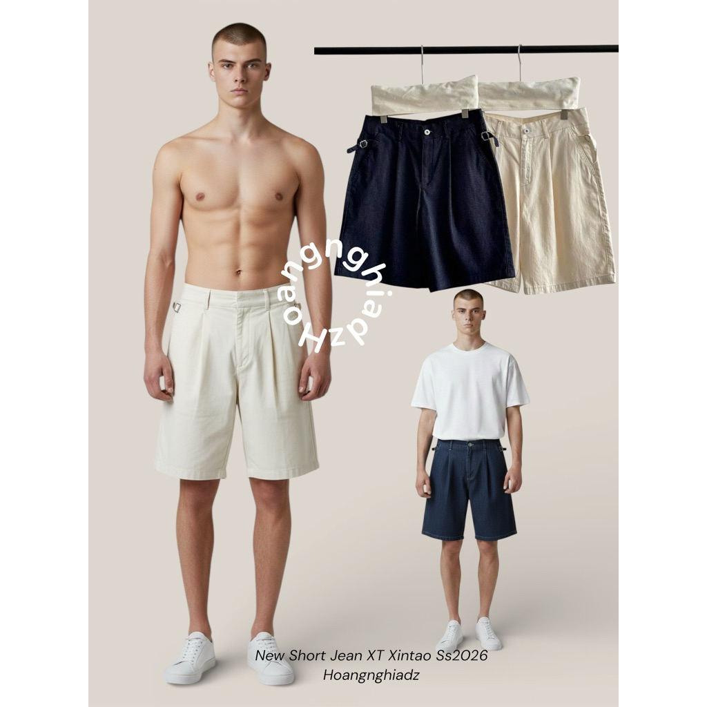 กางเกงยีนส์ขาสั้นผู้ชาย XT Xintao พร้อมรูปทรง Gurkha กางเกงยีนส์ขาสั้นเอวสูงจีบพร้อมเข็มขัด Side-Tab