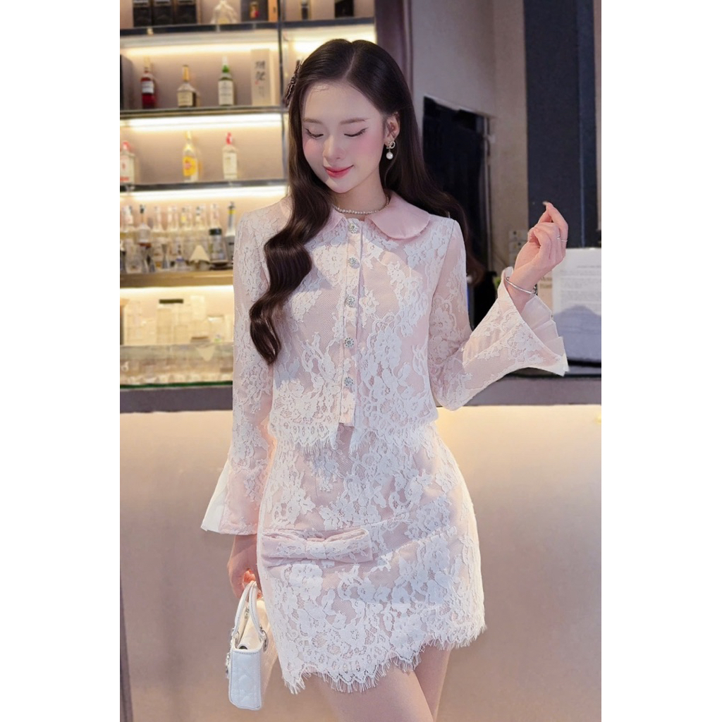 ส833 ชุดลูกไม้สีชมพูพร้อมใบหยกและกิ่งทอง ปกบัวแขนบาน ชุดปาร์ตี้ไฮเอนด์