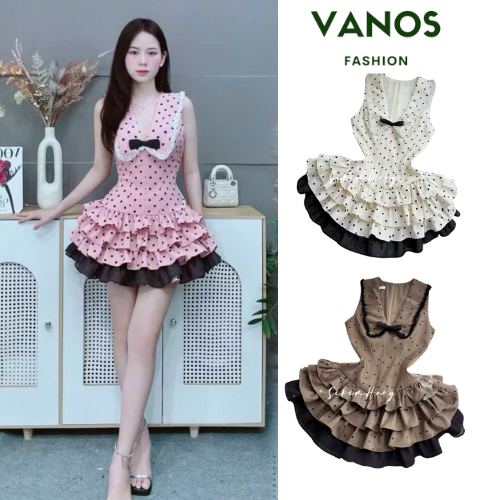 เดรสบานชั้นคอระบายมีโบว์น่ารักผ้ามะม่วงหนาลายจุด 3 สี พร้อมกางเกงด้านใน 125GGD