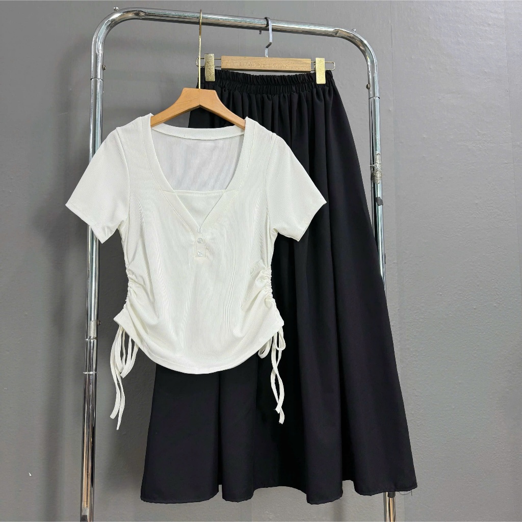 ชุดไซส์ใหญ่ เสื้อยืดคอปกจับจีบผู้หญิงพร้อมกระโปรงทรงเอ อ่อนโยนและแบน -(A309+CV414/CV15)