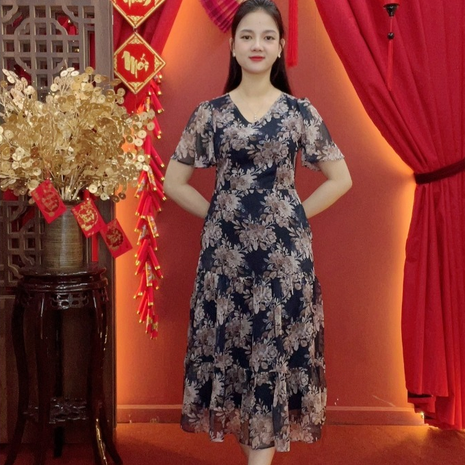 แม็กซี่เดรส - คอเต่าแขนสั้น - CD - Floral blue - TTV2031