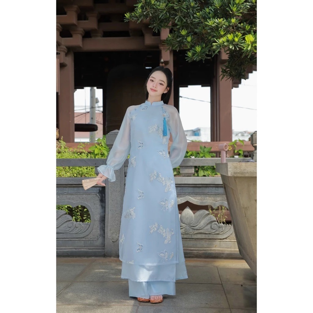 [Peinn] EL 105- Vu Diep ผ้าไหมสีฟ้า ao dai สําหรับ Tet ปาร์ตี้แบบดั้งเดิม - Eloria