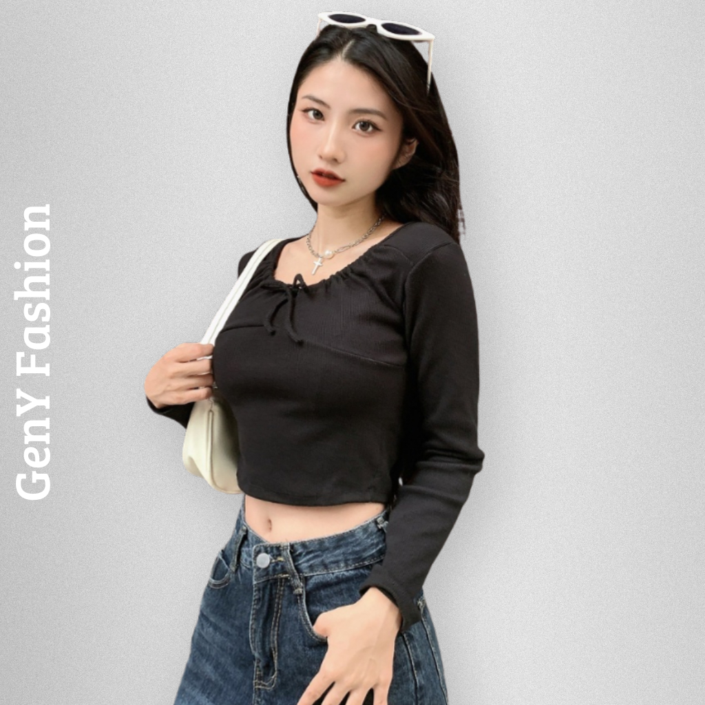 GenY เสื้อครอปแขนยาวคอ U และสายรัดหน้าอก ดีไซน์เข้ารูป ผ้าจั๊ม ADT24
