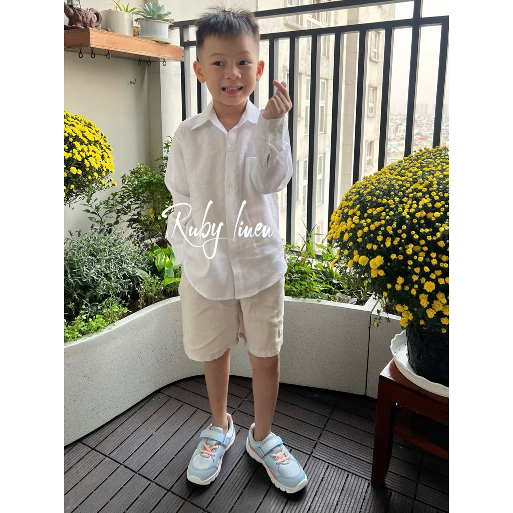 [Kids-JUNE LINEN] เสื้อเชิ้ตแขนยาวเด็กชายลินินฟอกพรีเมียม 15kg-40kg. VT02