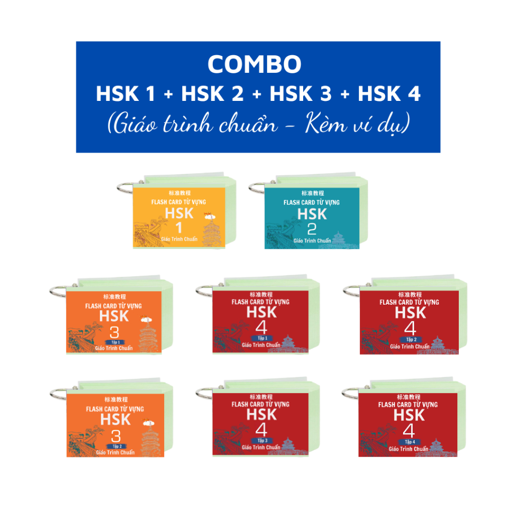 บัตรคําศัพท์จีน Combo HSK 1 + HSK 2 + HSK 3 + HSK 4 - หนังสือเรียนมาตรฐาน (1200 คํา)