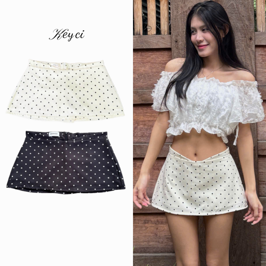 Keyci Low-Rise Polka Dot กระโปรง Cross-Waist Flattering ผ้าฝ้ายคุณภาพสูงพร้อมกางเกงป้องกัน [ I26 ]