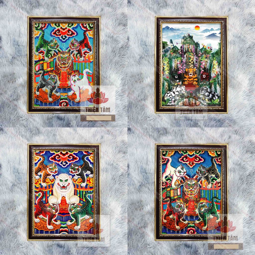 ภาพวาดผนัง Five Tigers 36x48 ซม. ทําจากผ้ามันคุณภาพสูงพร้อมกรอบคอมโพสิตแท้