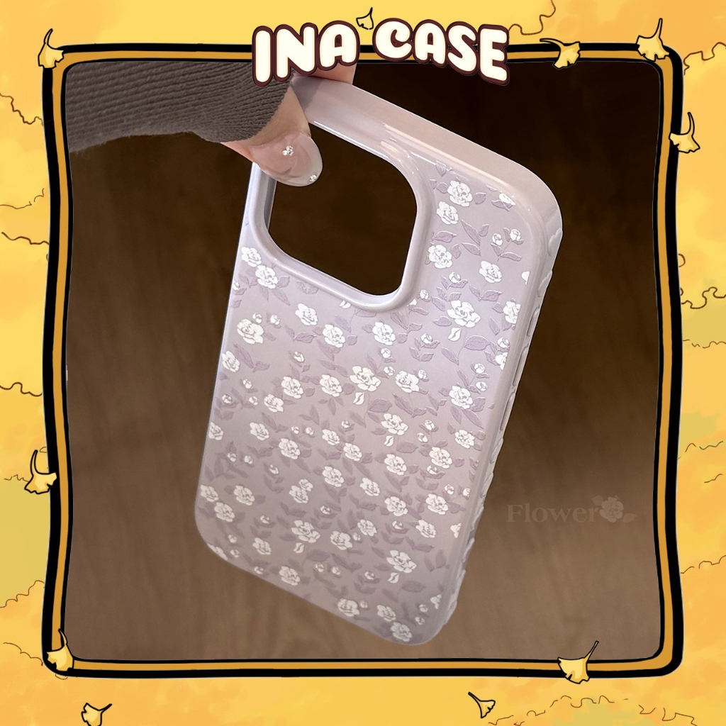 เคส Iphone ขอบหัวใจดอกไม้สีขาวและใบสีม่วง 17promax/ 17pro/ 17air/ 17/ 16promax/ 16pro/ 16plus/ 16/ 1