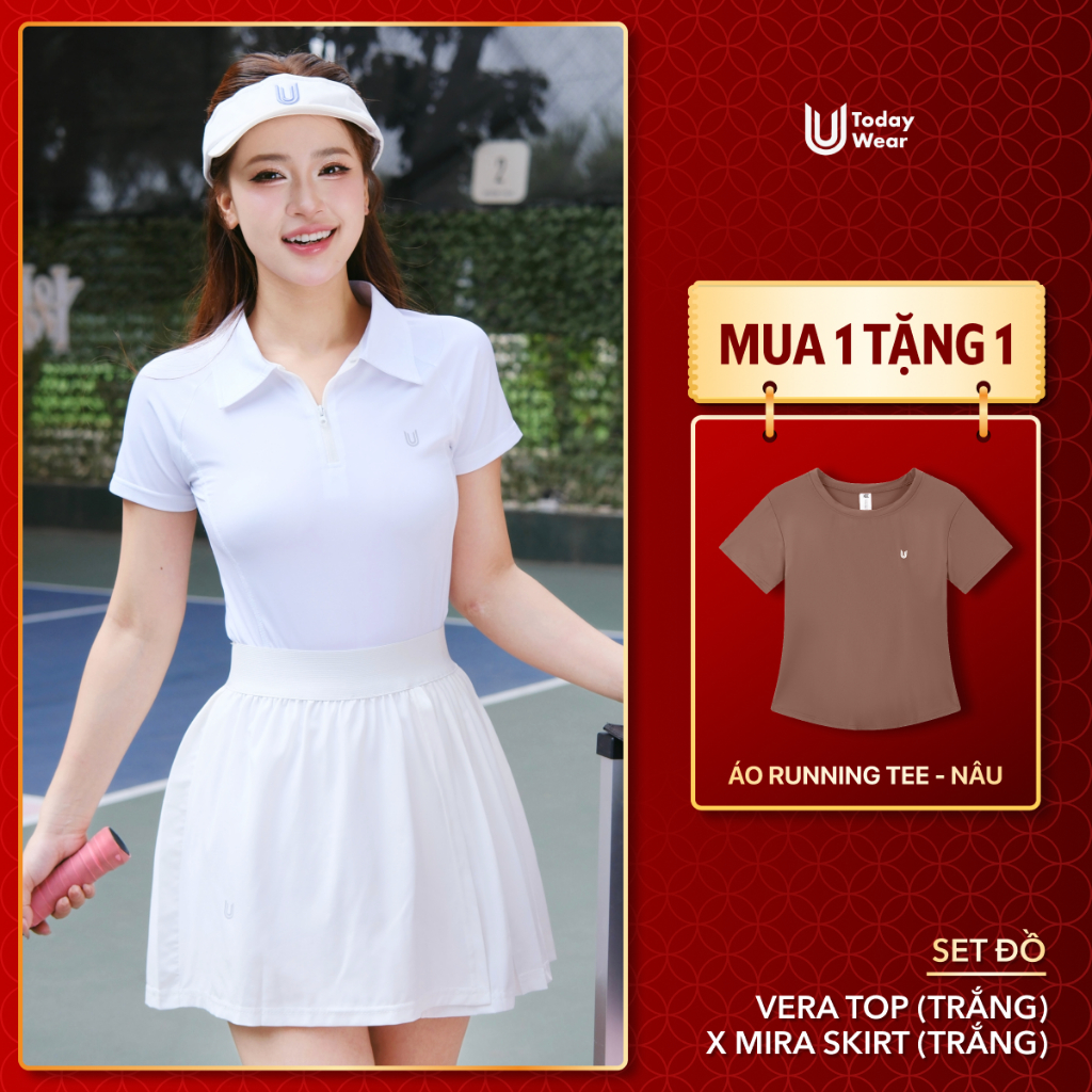 [GIVE 1 RUNNING TEE] ชุดกีฬาผู้หญิง เสื้อโปโลซิปหน้า Vera พร้อมกระโปรง Mira สีขาวใส่สบาย Today U Wea