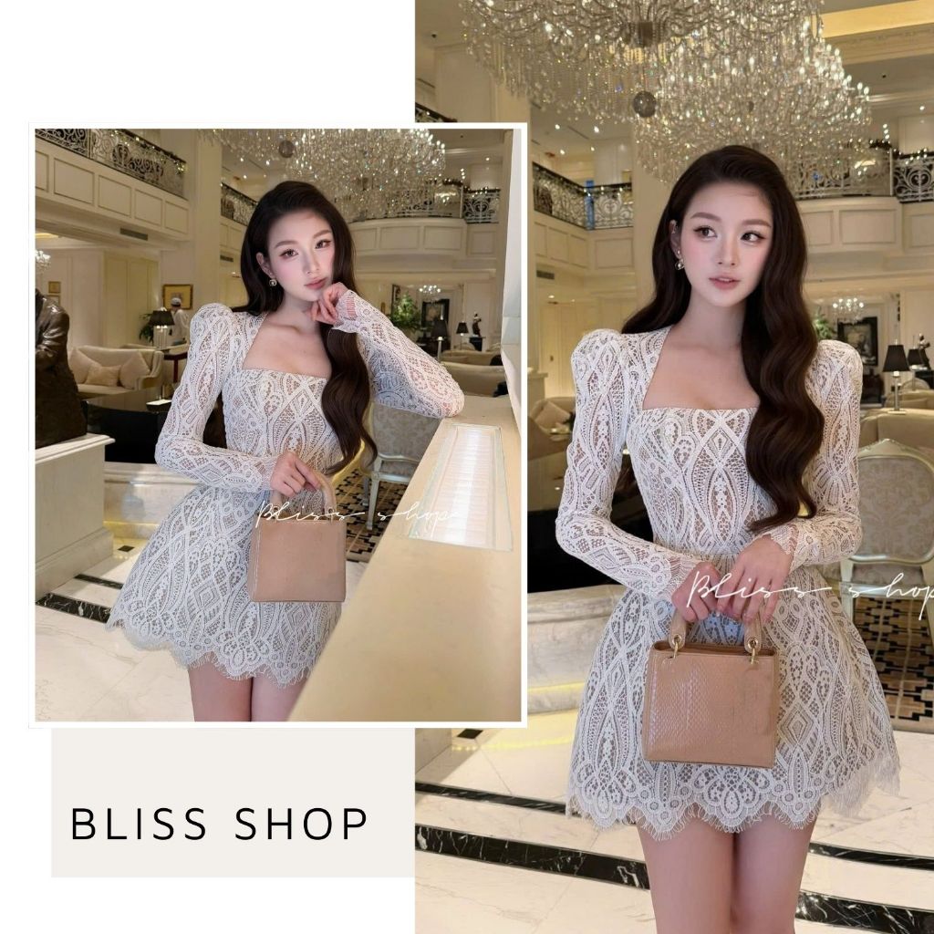 [การออกแบบระดับไฮเอนด์] Bliss Shop ชุดเดรสทางการลูกไม้แขนยาวเรียบหรูสําหรับงานปาร์ตี้ - V795