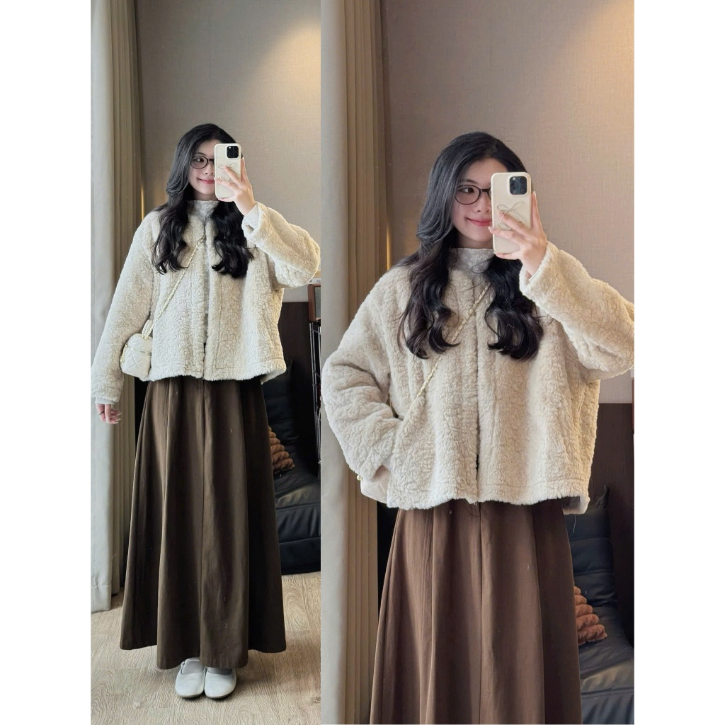 (OLDSCHOOL PHOTO) YUNA JACKET เสื้อโค้ทขนสัตว์หนังกลับคอกลมหลวม