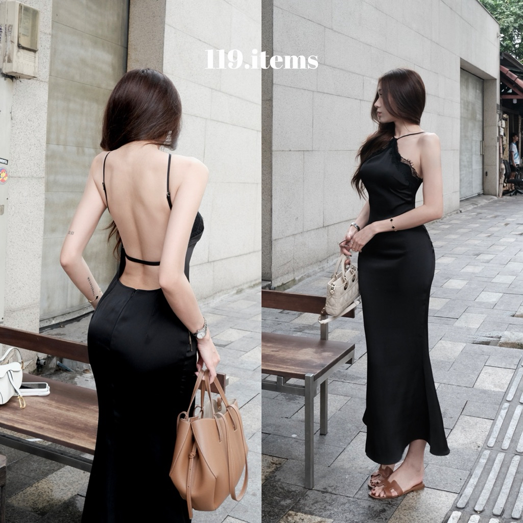 เดรสยาวไหมพรมคอปกลูกไม้เว้าหลัง119.รายการ