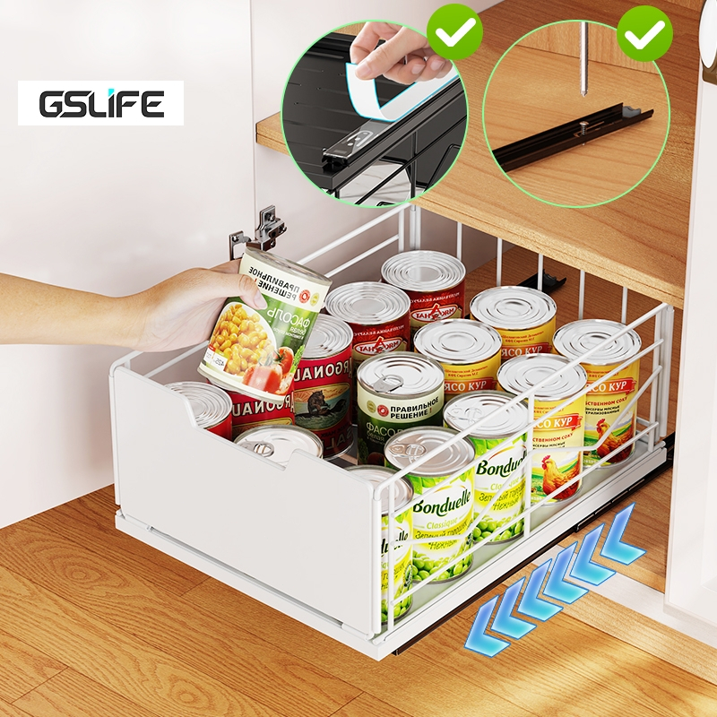 Gslife ชั้นวางของแบบเลื่อนสําหรับตู้ครัว – ตะกร้าเครื่องเทศและเครื่องใช้, ง่ายต่อการนําสิ่ง
