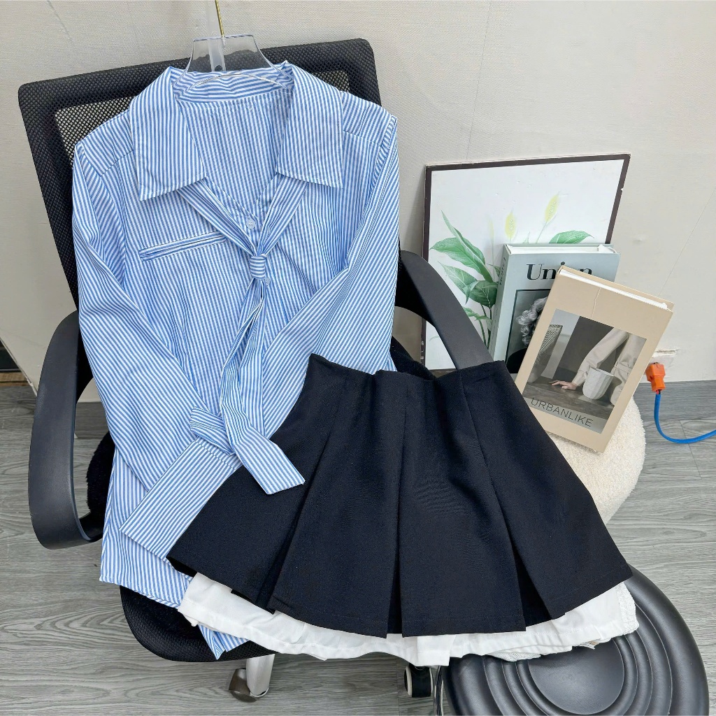 ชุดเซ็ทผู้หญิงเสื้อแขนยาวกระโปรงจับจีบสไตล์ออฟฟิศเรียบหรู 50-95กก. SM168+CV421