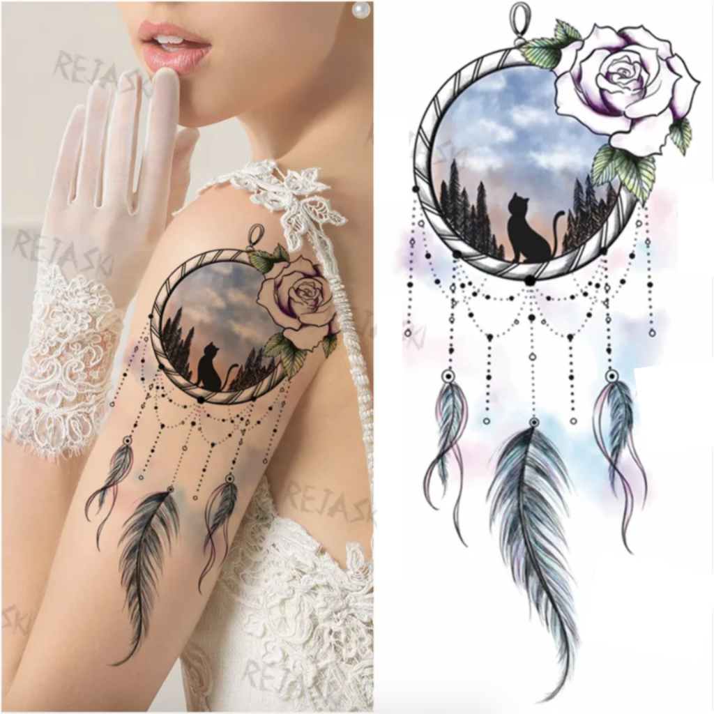 Flower cat dreamcatcher tattoo 12x19cm