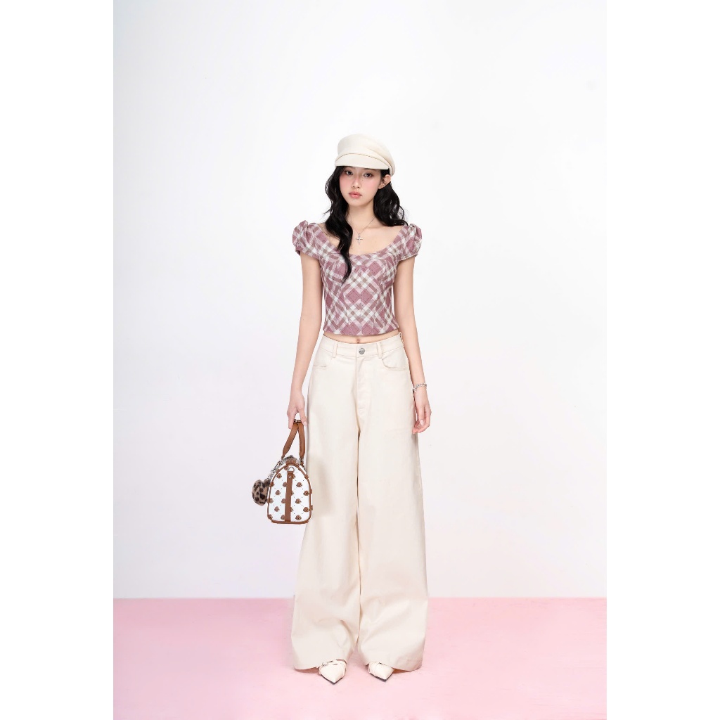 กางเกงยีนส์สีครีมขากว้าง Peony Pants - HOO DESIGN