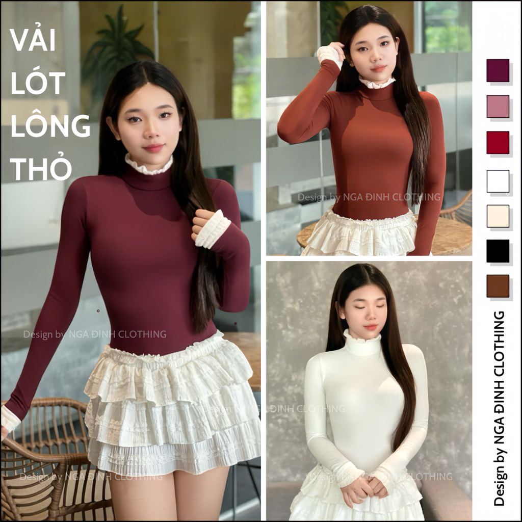 เสื้อยืดลูกไม้แขนยาวผู้หญิง RABBIT FUR LINING ชุดกระชับสัดส่วน NGA DINH CLOTHING เสื้อคอเต่า 5 นิ้ว 