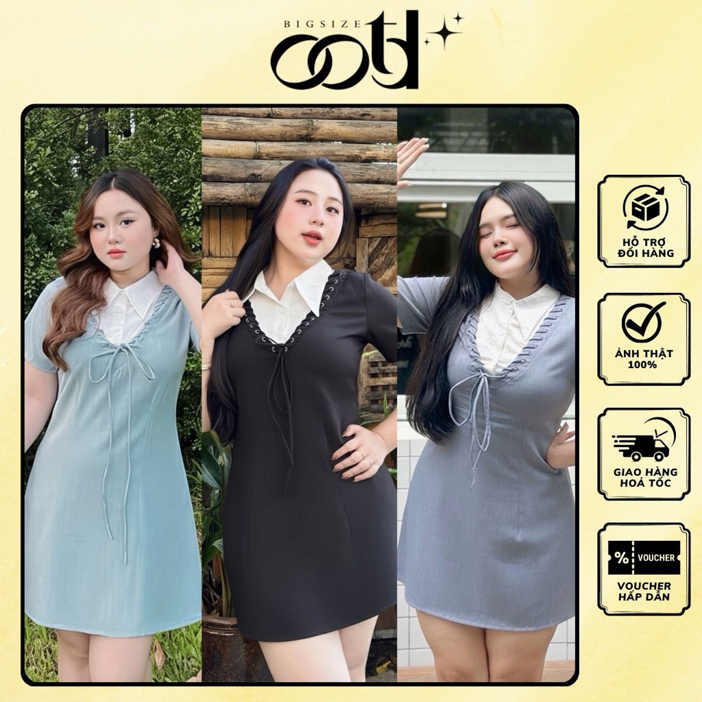 OOTD BIGSIZE - เดรสผู้หญิงไซส์ใหญ่คอปกเชิ้ตและสายทรงเอสั้น