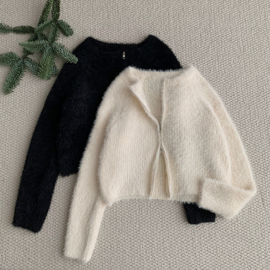 WIDE FORM CARDIGAN CROPTOP SWEATSHIRT IN RABBIT WOOL - HUNI - 10954 - JEMCLOSET