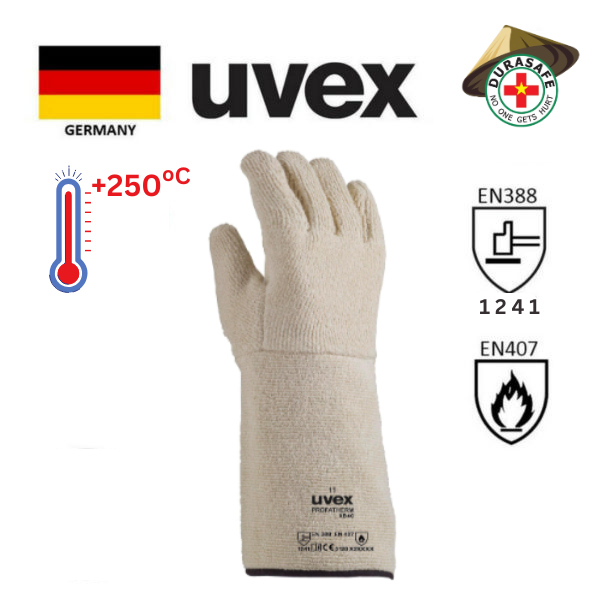 ถุงมือกันความร้อน UVEX 60595 Profatherm XB40 250oC ถุงมือเทอร์รี่ทนความร้อนสีขาว 40 ซม., ขนาด 11