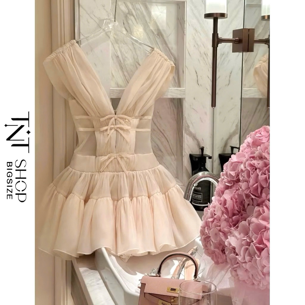 BIGSIZE V-NECKLACE SILK DRESS SHORT FLUFFED SHAPE พร้อมโบว์พร้อมกางเกง