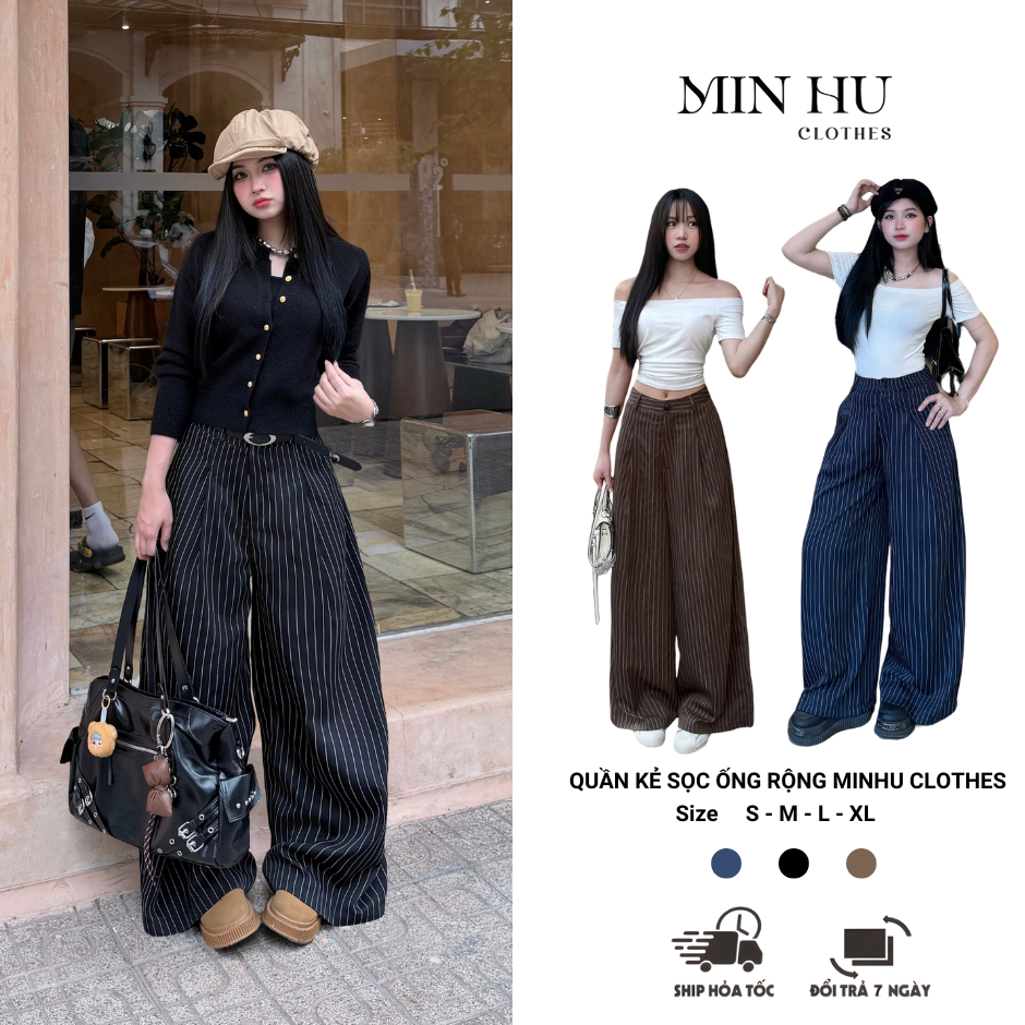 Minhu Clothes กางเกงลายทางขากว้าง กางเกงขาตรงลายทาง unisex [Q04]