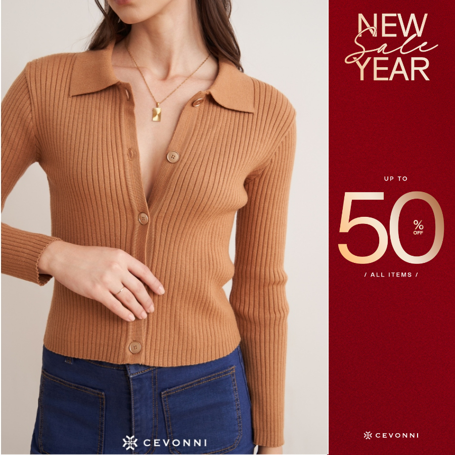 CEVONNI เสื้อคาร์ดิแกนแขนยาวคอปกเปิดลง CV9454