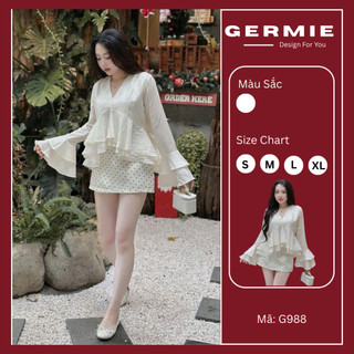 GERMIE Set Áo Babydoll Tay Dài Cổ V Phối Chân Váy Chấm Bi - Hàng Thiết Kế Nhà Germie | Mã: G988