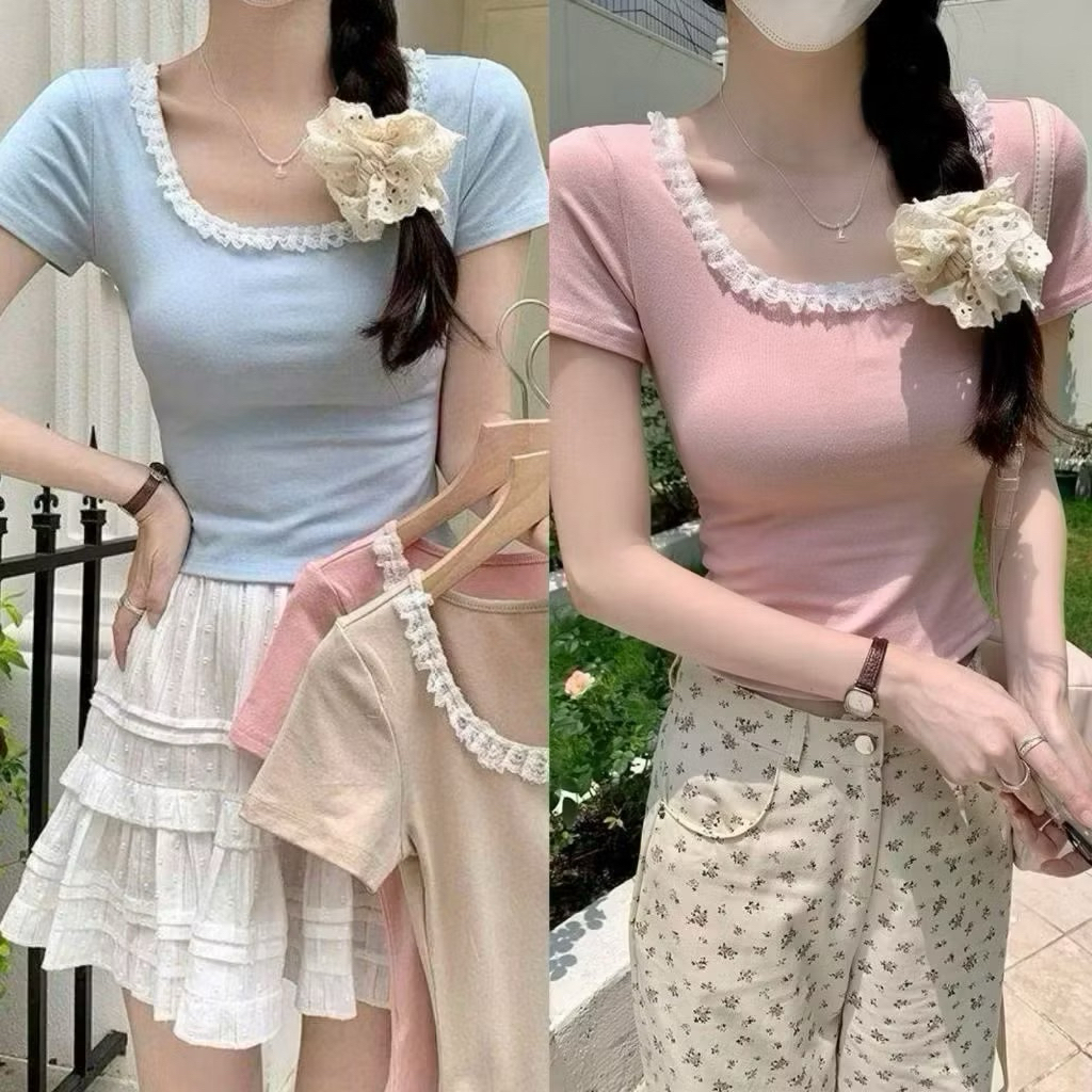 เสื้อครอปคอเหลี่ยมแต่งลูกไม้สวยงาม แบบมาตรฐาน รุ่นเรียบ ต่อโคนง่าย LOVITY AVR22