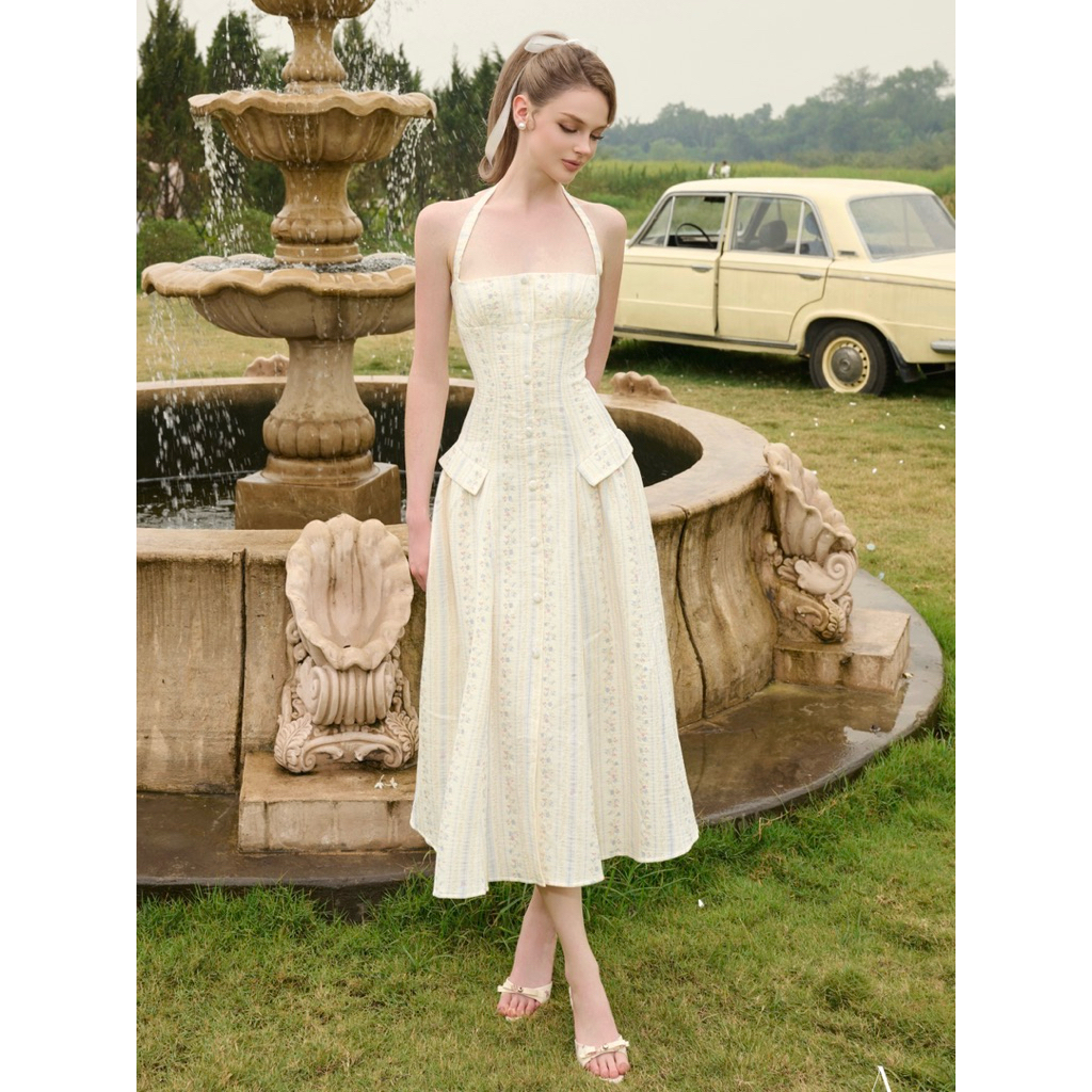AMELIE - เดรสคล้องคอสีฟ้าอ่อนลายทาง - Marika dress Ame476