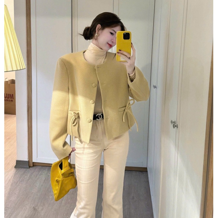 Sally IMVENY สีแดงสีน้ําตาลสั้นเสื้อแจ็คเก็ตรอบคอโบว์เอว,คุณภาพสูง Lady รุ่นโครเชต์ชุดราตรี 2026 IMD