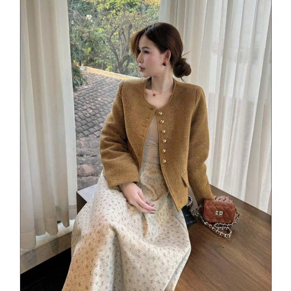 อิมวีย์ สั้นสีแดงสีน้ําตาลทวีดเย็นแจ็คเก็ตรอบคอโบว์เอว,ที่มีคุณภาพสูงเลดี้โครเชต์แจ็คเก็ตตอนเย็น2026