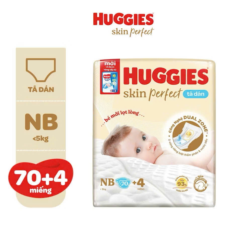 ผ้าอ้อมเด็ก/ผ้าอ้อม Huggies Skin Perfect ขนาด NB70+4 สําหรับทารกไม่เกิน 5กก.