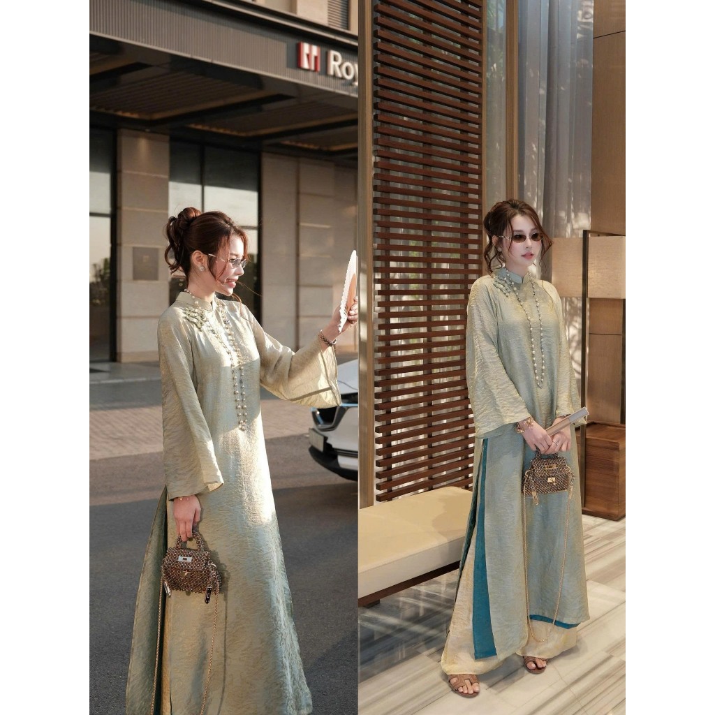 LYNCHIC- Brocade Ao Dai SET มี 4 ด้าน และ YELLOW BEIGE SUNSET LHMOI8