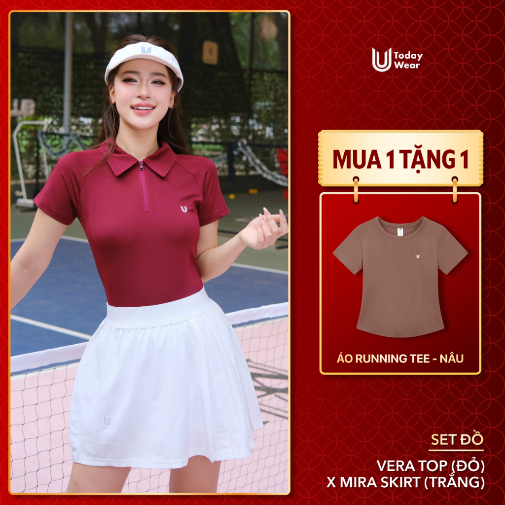 [GIVE 1 RUNNING SHIRT] ชุดกีฬาผู้หญิง Vera เสื้อโปโลซิปสีแดงพร้อมกระโปรง Mira สีขาว Today U Wear str