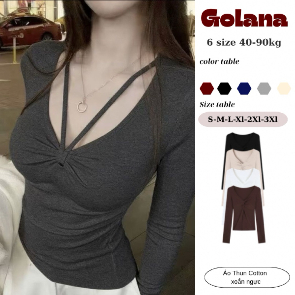 เสื้อยืดหน้าอกบิดแขนยาวเข้ารูป Feminine V-Slit Design AT777 (มีขนาดใหญ่)