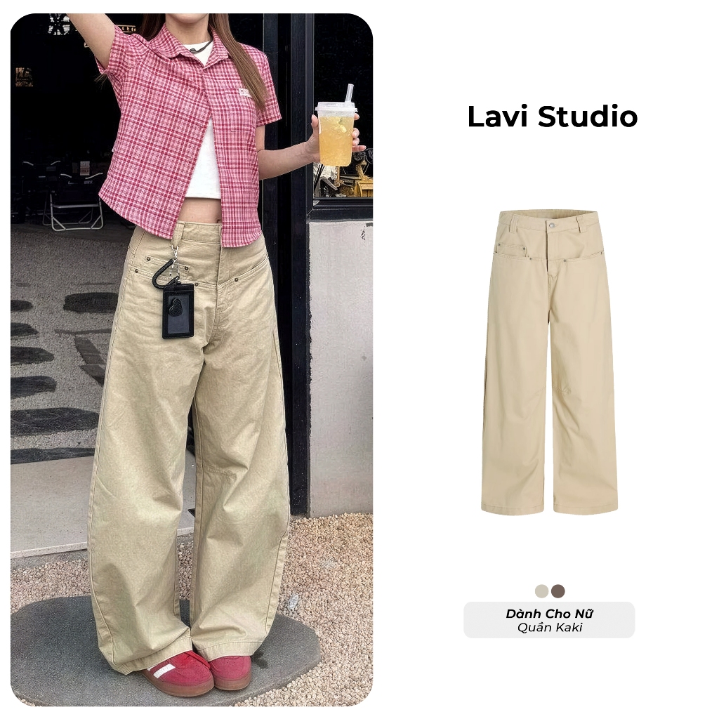 Lavi Studio/ IVY กางเกงสีกากีพรีเมี่ยมพร้อมกระเป๋าขากว้าง